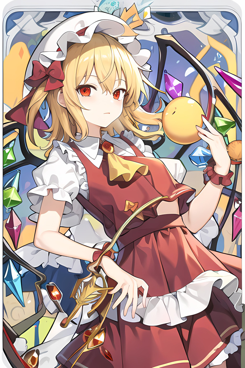1girl absurdres ai-generated ascot blonde_hair crystal embodiment_of_scarlet_devil flandre_scarlet hat hat_ribbon highres holding looking_at_viewer mob_cap puffy_short_sleeves puffy_sleeves red_eyes red_skirt red_vest ribbon short_sleeves side_ponytail skirt solo standing touhou vest wings yellow_ascot