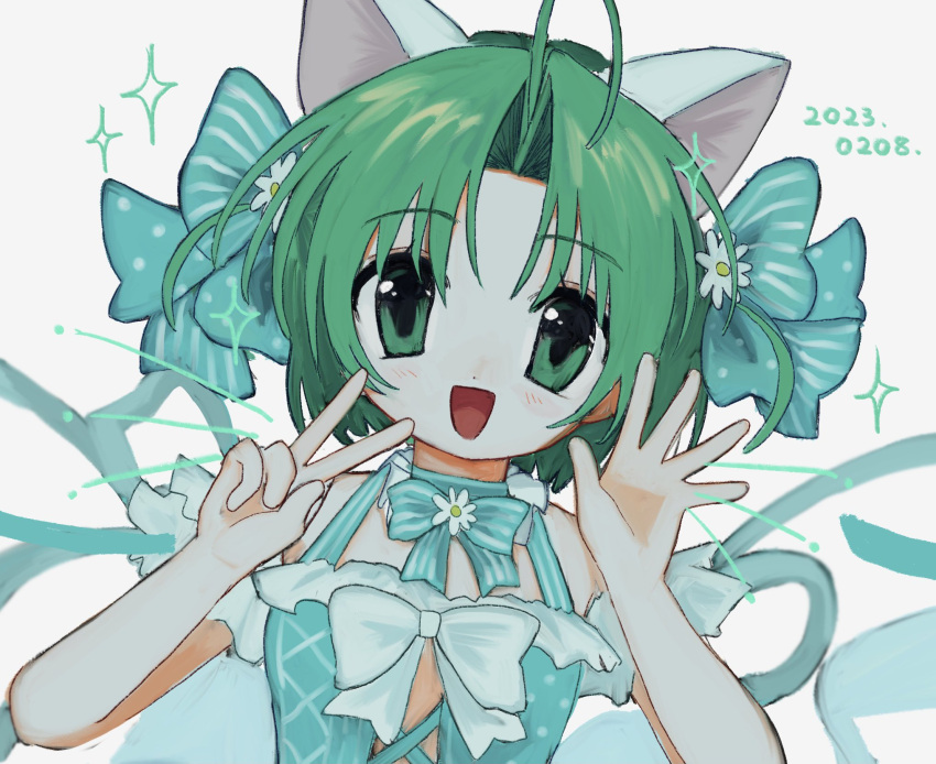 1girl 2023 alternate_costume animal_ears antenna_hair aqua_bow aqua_dress bow cat_ears dated dejiko di_gi_charat dress green_eyes green_hair hair_bow highres looking_at_viewer open_mouth pepeppepe101 short_hair smile v