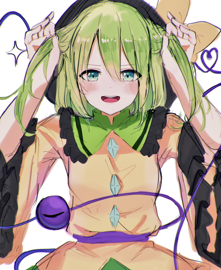 1girl alternate_eye_color black_headwear blue_eyes blush bow breasts buttons collared_shirt diamond_button fingernails frills green_hair green_skirt hair_between_eyes hat hat_bow heart heart_of_string highres komeiji_koishi koroyarou long_sleeves looking_at_viewer medium_breasts open_mouth shirt short_hair simple_background skirt smile solo standing star_(symbol) teeth third_eye tongue touhou twintails v-shaped_eyebrows white_background wide_sleeves wing_collar yellow_bow yellow_shirt