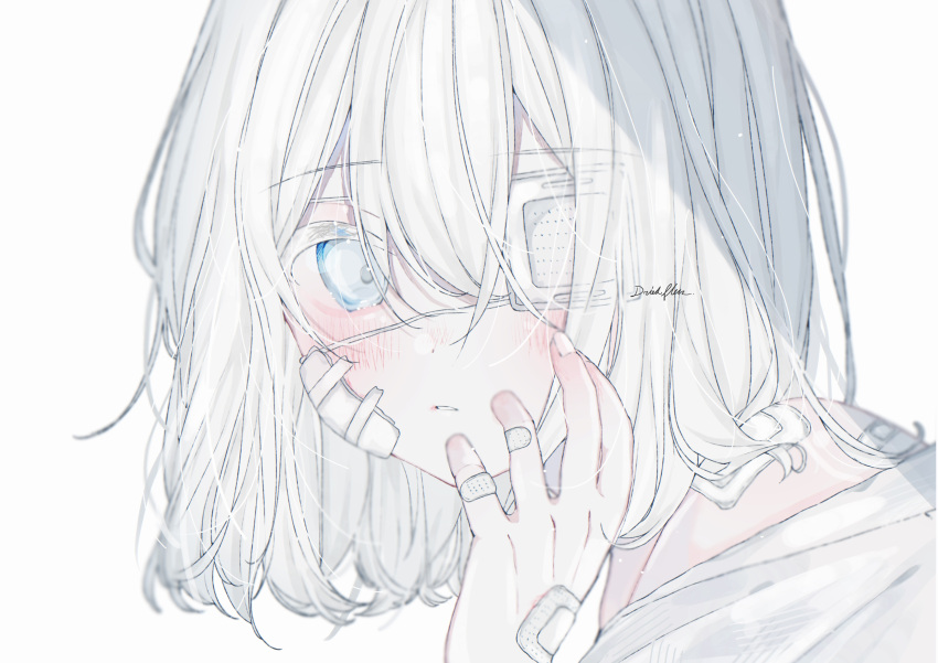 1girl absurdres bandage_on_face bandages bandaid bandaid_on_hand blue_eyes blush driedflower eyepatch hair_between_eyes hand_up highres long_bangs looking_at_viewer medical_eyepatch medium_hair original parted_lips signature simple_background solo white_background white_hair