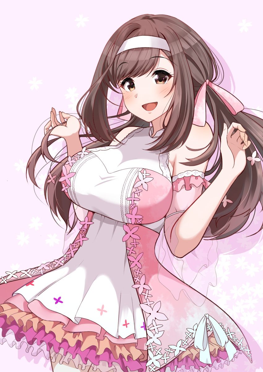 1girl absurdres alstroemeria_(idolmaster) alternate_costume bare_shoulders blush bow breasts brown_eyes brown_hair detached_sleeves dress floral_background haibarasaika hair_bow hair_ribbon hands_up highres idolmaster idolmaster_shiny_colors lace_trim large_breasts layered_dress long_hair looking_at_viewer low_twintails open_mouth pink_dress ribbon see-through see-through_sleeves simple_background smile solo swept_bangs tsukioka_kogane twintails white_ribbon