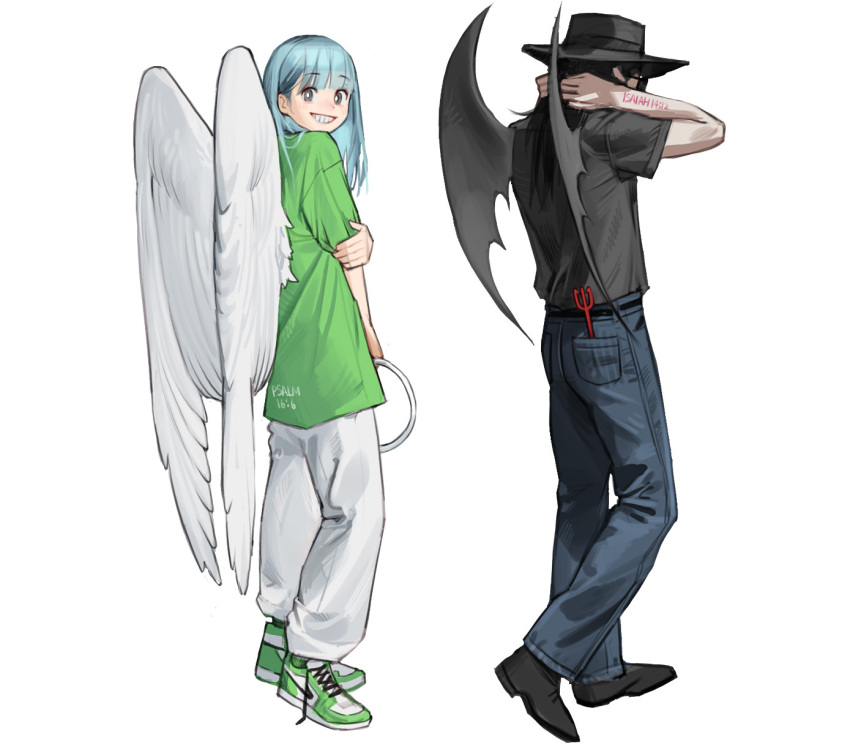 1boy 1girl angel_wings aqua_hair black_footwear black_headwear blue_pants demon_wings green_footwear green_shirt highres long_hair looking_at_viewer original pants parted_lips polearm rinotuna shirt shoes short_sleeves simple_background smile standing trident undersized_object weapon white_background white_pants wings