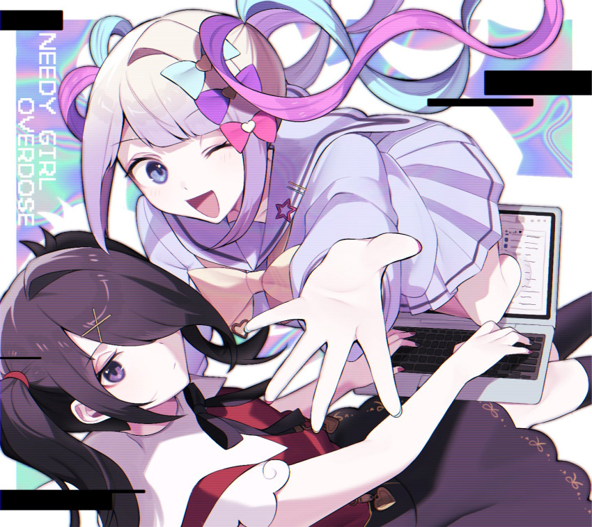 2girls ame-chan_(needy_girl_overdose) black_hair black_ribbon black_skirt black_socks blonde_hair blue_bow blue_eyes blue_hair blue_nails blue_shirt blue_skirt bow chouzetsusaikawa_tenshi-chan computer copyright_name hair_bow hair_ornament hair_over_one_eye highres laptop long_hair long_sleeves looking_at_viewer multicolored_hair multicolored_nails multiple_girls neck_ribbon needy_girl_overdose nneiro one_eye_closed open_mouth outstretched_arm pink_bow pink_hair pink_nails pleated_skirt purple_bow quad_tails reaching_towards_viewer red_shirt ribbon sailor_collar school_uniform serafuku shirt sitting skirt smile socks through_screen twintails very_long_hair violet_eyes x_hair_ornament yellow_bow yellow_nails