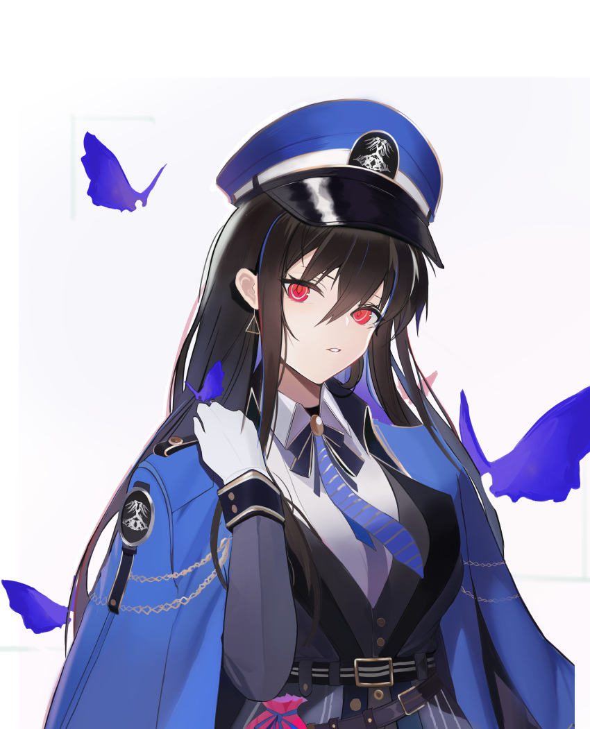 1girl absurdres alternate_eye_color belt black_hair blue_headwear blue_jacket blue_necktie boots breasts brown_eyes collared_shirt diesel_(nikke) earrings gloves goddess_of_victory:_nikke hat highres jacket jacket_on_shoulders jewelry large_breasts long_hair looking_at_viewer military military_hat military_jacket military_uniform necktie open_clothes open_jacket peaked_cap pleated_skirt red_eyes sar_(4993) shirt simple_background skirt solo standing striped_necktie thighs uniform upper_body white_background white_gloves white_shirt white_skirt