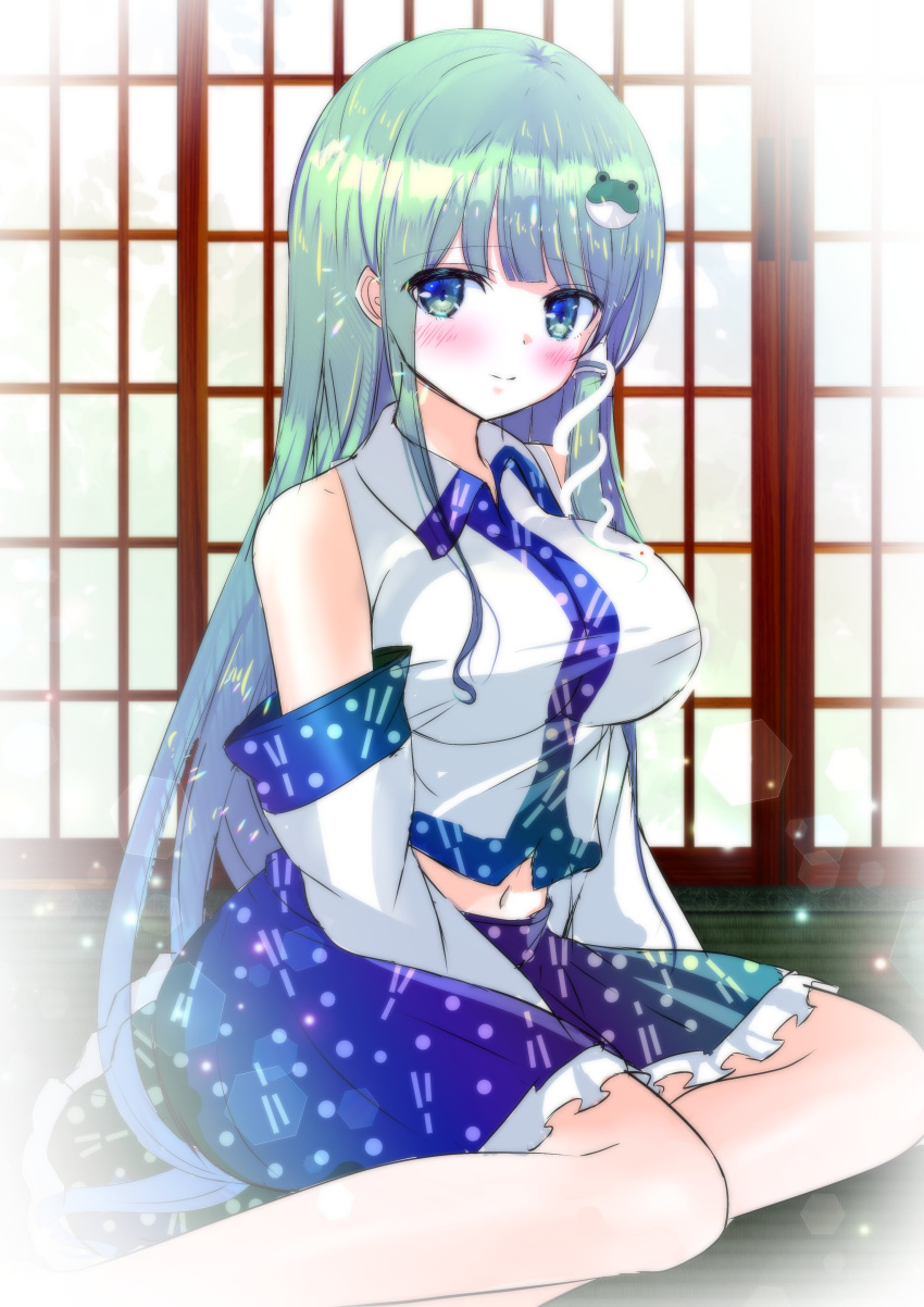 1girl absurdres blue_dress breasts detached_sleeves drawing dress frog frog_hair_ornament gohei green_eyes green_hair hair_ornament hair_tubes hand_on_lap highres kochiya_sanae long_hair looking_at_viewer medium_breasts navel on_floor rope shimenawa sitting snake snake_hair_ornament solo tomo_(uguisu-tei) touhou