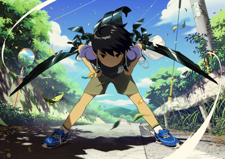 1boy bandaid bandaid_on_knee bandaid_on_leg black_hair blue_footwear blue_sky child clouds day full_body glaring grass jetpack landscape looking_at_viewer male_child male_focus mecha mechanical_wings mountain mountainous_horizon nature noeyebrow_(mauve) original outdoors power_suit purple_shirt robot scenery science_fiction shirt short_hair short_sleeves shorts sky solo spread_legs wide_shot wings