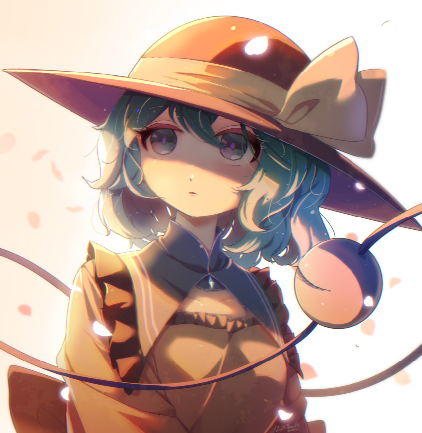 1girl black_headwear bow bright_pupils collar collarbone commentary falling_petals frilled_collar frills green_collar green_eyes green_hair hat hat_bow highres komeiji_koishi looking_afar noumin_joemanyodw parted_lips petals pink_pupils shirt short_hair simple_background solo third_eye touhou upper_body white_background yellow_bow yellow_shirt