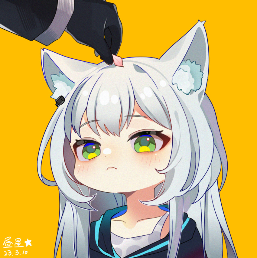 1girl 1other animal_ear_fluff animal_ears arknights black_gloves black_jacket collarbone commentary_request dated doctor_(arknights) dress gloves green_eyes grey_dress grey_hair highres jacket long_hair long_sleeves petals rosmontis_(arknights) simple_background solo_focus starstarstar_(xhouxing) upper_body yellow_background