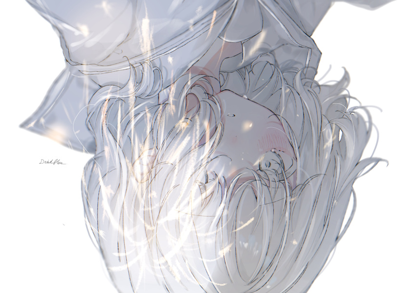 1girl absurdres blush commentary_request driedflower highres limited_palette looking_at_viewer medium_hair original parted_lips portrait sailor_collar signature simple_background solo tearing_up upside-down white_background white_eyes white_hair white_sailor_collar