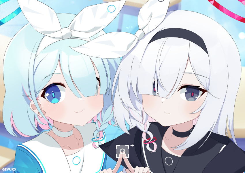 2girls a.r.o.n.a_(blue_archive) absurdres aqua_hair arona_(blue_archive) black_choker black_coat black_eyes blue_archive blue_eyes blurry braid choker coat colored_inner_hair commentary depth_of_field gevuxx hair_ornament hair_over_one_eye hairband halo highres index_fingers_together long_hair long_sleeves looking_at_viewer multicolored_hair multiple_girls open_clothes open_coat school_uniform serafuku short_hair sidelocks single_braid smile two-tone_hair white_choker white_hair