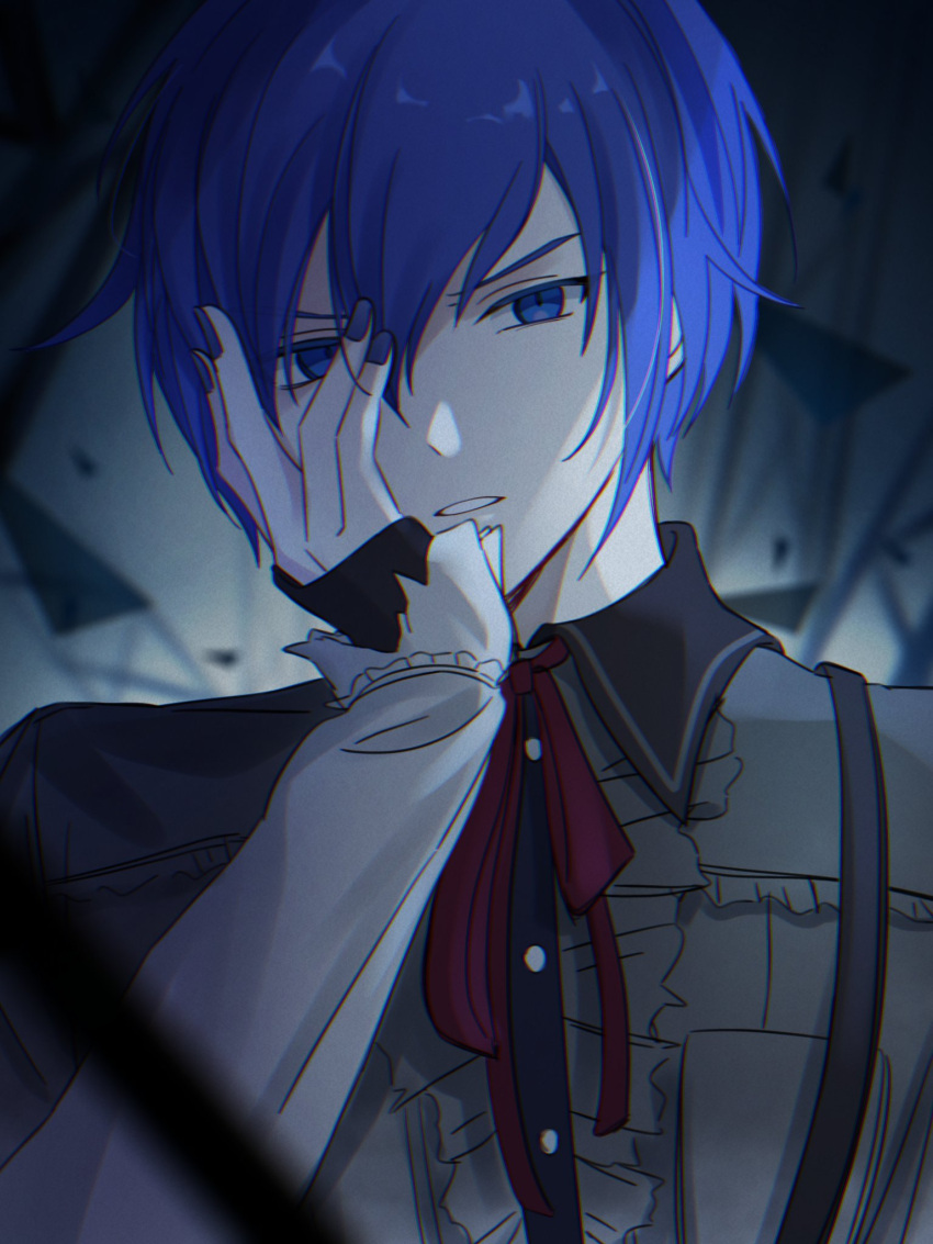 1boy 25-ji_kaito 25-ji_nightcord_de._(project_sekai) blue_eyes blue_hair blue_nails collared_shirt commentary_request frills hair_between_eyes highres kaito_(vocaloid) long_sleeves male_focus neck_ribbon project_sekai rainey red_ribbon ribbon shirt short_hair solo teeth