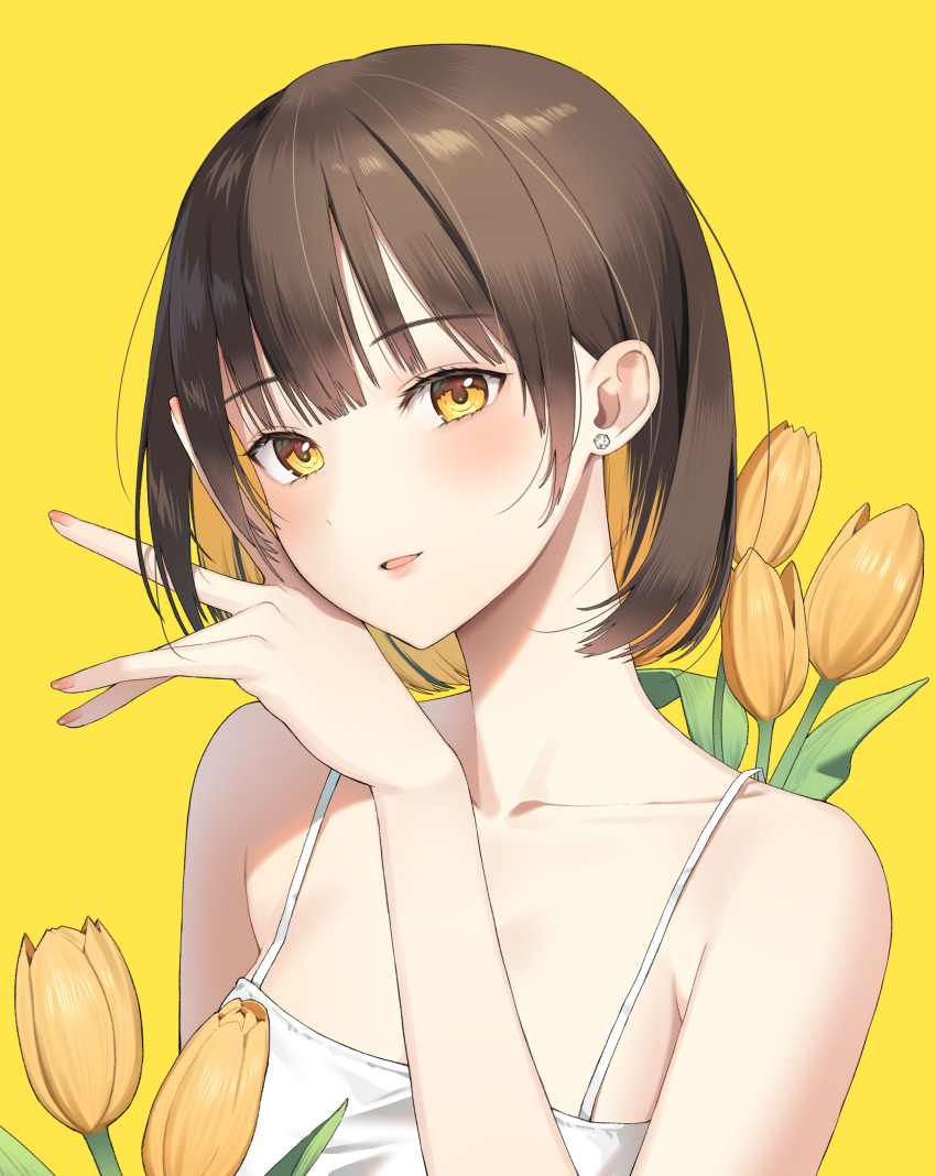 1girl absurdres bare_arms bare_shoulders brown_hair camisole collarbone earrings flower hand_up highres jewelry looking_at_viewer neil_(neil_nim) open_mouth original shirt short_hair simple_background solo spaghetti_strap stud_earrings upper_body white_shirt yellow_background yellow_eyes yellow_flower