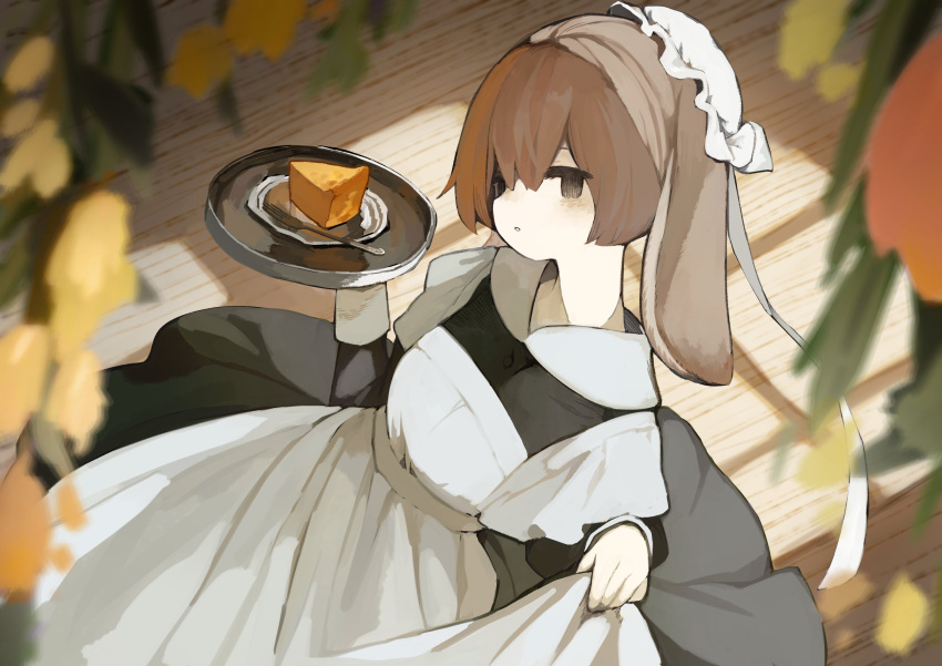 1girl absurdres animal_ears apron black_dress blurry brown_hair cake commentary depth_of_field dress flower food fork grey_eyes hair_between_eyes hand_up hat highres holding holding_plate looking_at_viewer mob_cap original parted_lips plate rabbit_ears rabbit_girl sakutake_(ue3sayu) skirt_hold solo sunlight symbol-only_commentary wooden_floor