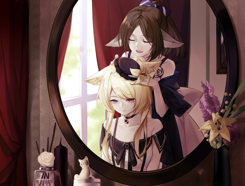 2girls :d animal_ear_fluff animal_ears arknights black_choker black_headwear black_ribbon blue_eyes blue_jacket brown_hair cat_ears chinese_commentary choker closed_eyes closed_mouth collarbone commentary_request curtains dress figure flower fox_ears hat heterochromia highres indoors jacket lavender_(flower) lily_(flower) long_hair mirror multiple_girls neck_ribbon nightmare_(arknights) nightmare_(light_and_shadow)_(arknights) off_shoulder official_alternate_costume open_clothes open_jacket open_mouth perfumer_(arknights) pink_flower ponytail red_eyes reflection ribbon smile teeth upper_teeth_only vase white_dress xiantiaodehuaerzi yellow_flower