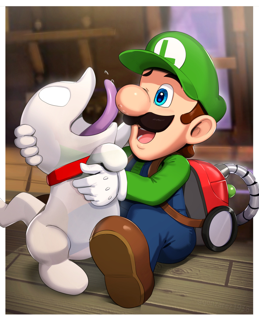 1boy ;d absurdres backpack bag blue_eyes blue_overalls blurry blurry_background border brown_footwear brown_hair collar colored_tongue commentary_request dog facial_hair full_body ghost gloves gonzarez green_headwear green_shirt hat highres indoors licking long_sleeves luigi luigi's_mansion luigi's_mansion:_dark_moon mustache one_eye_closed open_mouth overalls poltergust_5000 polterpup purple_tongue red_collar shirt shoes short_hair sitting smile super_mario_bros. tongue tongue_out vacuum_cleaner white_border white_gloves wooden_floor