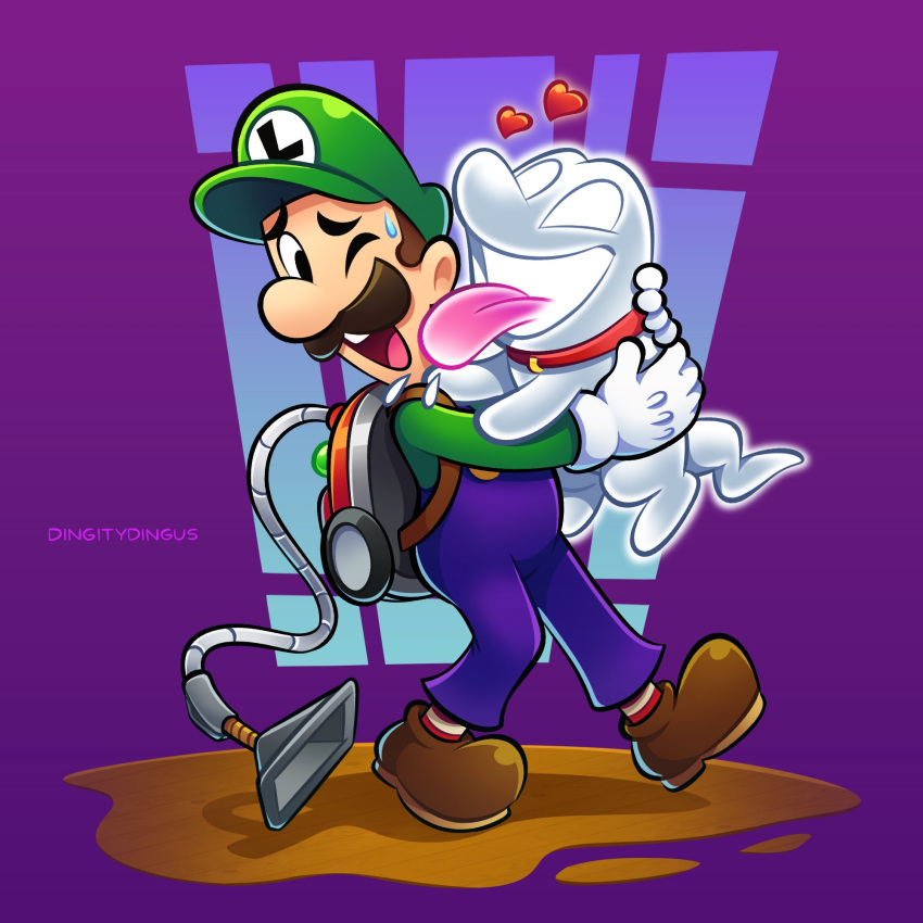 1boy ;d artist_name backpack bag black_eyes blue_overalls blue_pants brown_footwear brown_hair buttons collar commentary dog english_commentary facial_hair full_body ghost gloves green_headwear green_shirt happy hat heart highres licking long_sleeves luigi luigi's_mansion luigi's_mansion:_dark_moon mustache one_eye_closed open_mouth overalls pants poltergust_5000 polterpup purple_background raised_eyebrows red_collar shirt shoes short_hair simple_background smile socks standing striped striped_socks super_mario_bros. sweatdrop teeth tongue tongue_out upper_teeth_only vacuum_cleaner vinny_(dingitydingus) white_gloves wooden_floor