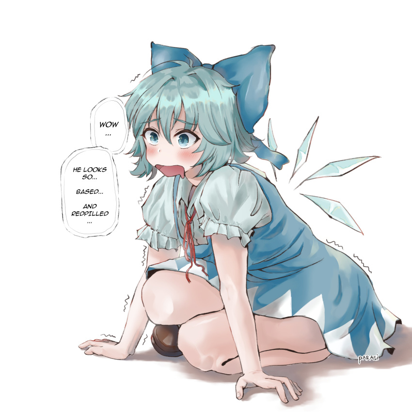 1girl absurdres aroused artist_name blue_bow blue_dress blue_eyes blue_hair blush bow brown_footwear cirno commentary dress drooling english_commentary english_text full_body furrowed_brow hair_between_eyes hair_bow hands_on_floor highres ice ice_wings kneeling loafers looking_to_the_side loose_neck_ribbon mouth_drool neck_ribbon open_mouth puffy_short_sleeves puffy_sleeves red_ribbon ribbon shoes short_hair short_sleeves simple_background solo thought_bubble touhou trembling white_background wings wwparasi
