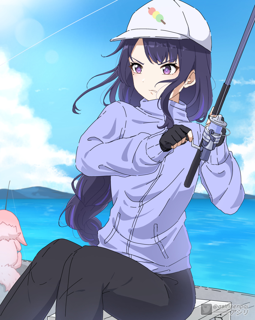 1girl absurdres alternate_costume animalization asiri_senpai baseball_cap black_hair black_pants blue_sky blunt_bangs blurry braid clouds cloudy_sky commentary cooler dango depth_of_field english_commentary fingerless_gloves fishing fishing_rod food food_print fox genshin_impact gloves hat highres holding holding_fishing_rod jacket knees_together_feet_apart long_hair long_sleeves looking_away low_ponytail mole mole_under_eye mountainous_horizon multicolored_hair ocean pants pink_fur purple_jacket raiden_shogun sanshoku_dango sidelocks single_braid sitting sky solo_focus streaked_hair turtleneck turtleneck_jacket two-tone_hair violet_eyes wagashi yae_miko yae_miko_(fox)