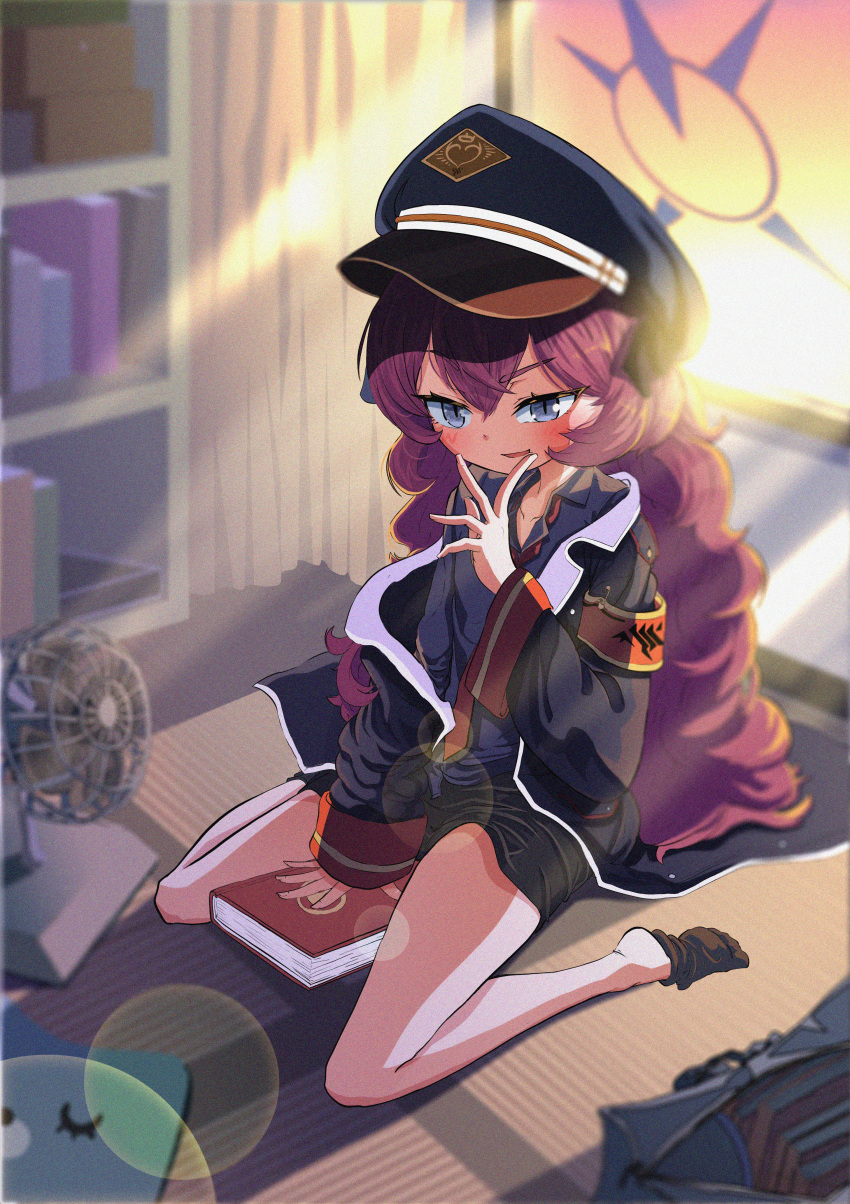 1girl :d absurdres aghanseonmul armband black_coat blue_archive blurry book bookshelf bow coat collared_shirt commentary_request curtains depth_of_field electric_fan grey_eyes hair_between_eyes hair_bow hair_ribbon halo hat highres indoors iroha_(blue_archive) long_hair long_sleeves looking_at_viewer necktie open_clothes open_coat peaked_cap pencil_skirt pleated_skirt redhead ribbon school_uniform shirt sidelocks sitting skirt smile solo sunlight tatami wariza wavy_hair window