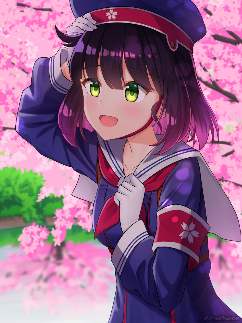 1girl :d blue_headwear blue_shirt bob_cut breasts brown_hair cherry_blossoms collarbone english_commentary girls_frontline gloves gradient_hair green_eyes hand_on_headwear hat highres leaning_forward long_sleeves medium_breasts multicolored_hair neckerchief open_mouth pink_hair red_armband red_neckerchief rynzfrancis sailor sailor_collar sailor_hat shirt short_hair smile solo standing strap type_4_(girls'_frontline) white_gloves white_sailor_collar
