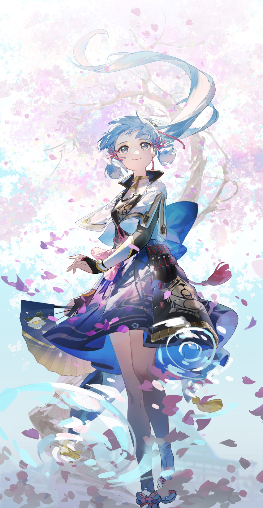 1girl absurdres black_eyes black_gloves blue_hair cherry_blossoms closed_mouth flower genshin_impact gloves hair_ornament hand_fan highres holding holding_fan kamisato_ayaka long_hair long_sleeves looking_up paper_fan partially_fingerless_gloves petals pink_flower rafaelaaa smile tree wind