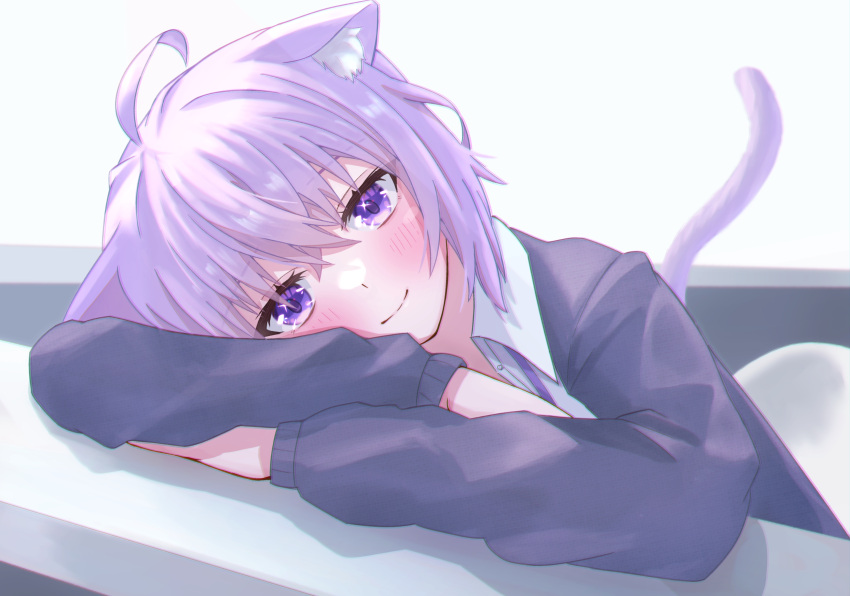 1girl absurdres ahoge animal_ear_fluff animal_ears black_sweater blush cat_ears cat_girl cat_tail closed_mouth collared_shirt commentary_request crossed_arms crossed_bangs eyelashes eyes_visible_through_hair hair_between_eyes head_rest highres hololive light_purple_hair long_sleeves medium_hair nekomata_okayu purple_tail shirt simple_background smile solo sparkling_eyes spiky_hair sweater tail togemaru34 violet_eyes virtual_youtuber white_background white_shirt