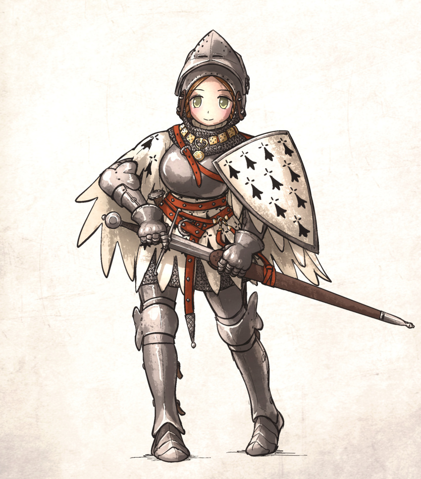1girl arm_shield armor breastplate brown_hair full_armor full_body gauntlets gloves greaves helmet highres holding holding_sword holding_weapon ironlily knight medieval ordo_mediare_sisters_(ironlily) scabbard sheath shoulder_armor solo standing sword weapon