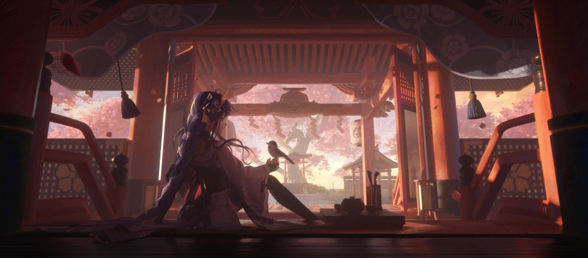 1girl absurdres arm_support bird bird_on_hand black_thighhighs braid braided_ponytail bridal_gauntlets cherry_blossoms commentary_request corey43544 from_side genshin_impact hand_on_ground highres japanese_clothes kimono lantern long_hair long_sleeves looking_at_animal paper_lantern profile purple_hair purple_kimono raiden_shogun shrine sitting solo stone_lantern thigh-highs torii tree very_long_hair violet_eyes wide_shot wide_sleeves