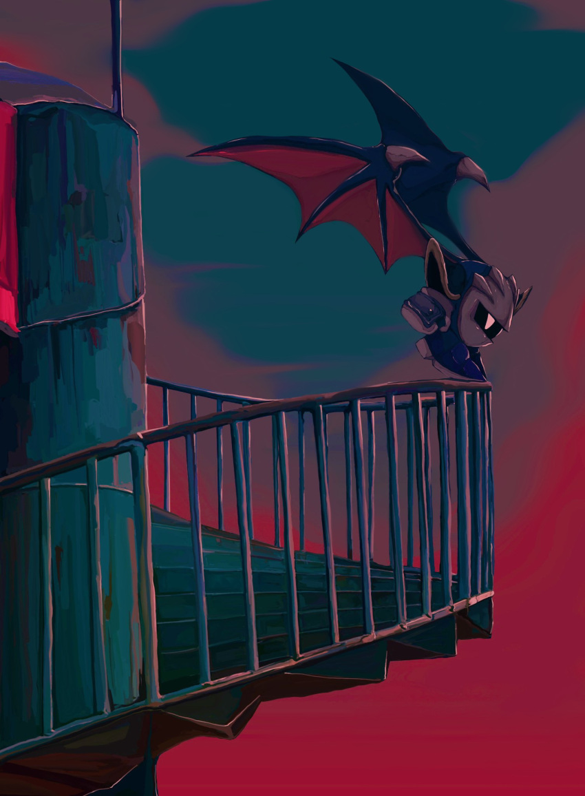 1boy 93nasu clouds cloudy_sky highres kirby_(series) looking_down male_focus mask meta_knight red_background sky solo stairs tiptoes wings yellow_eyes