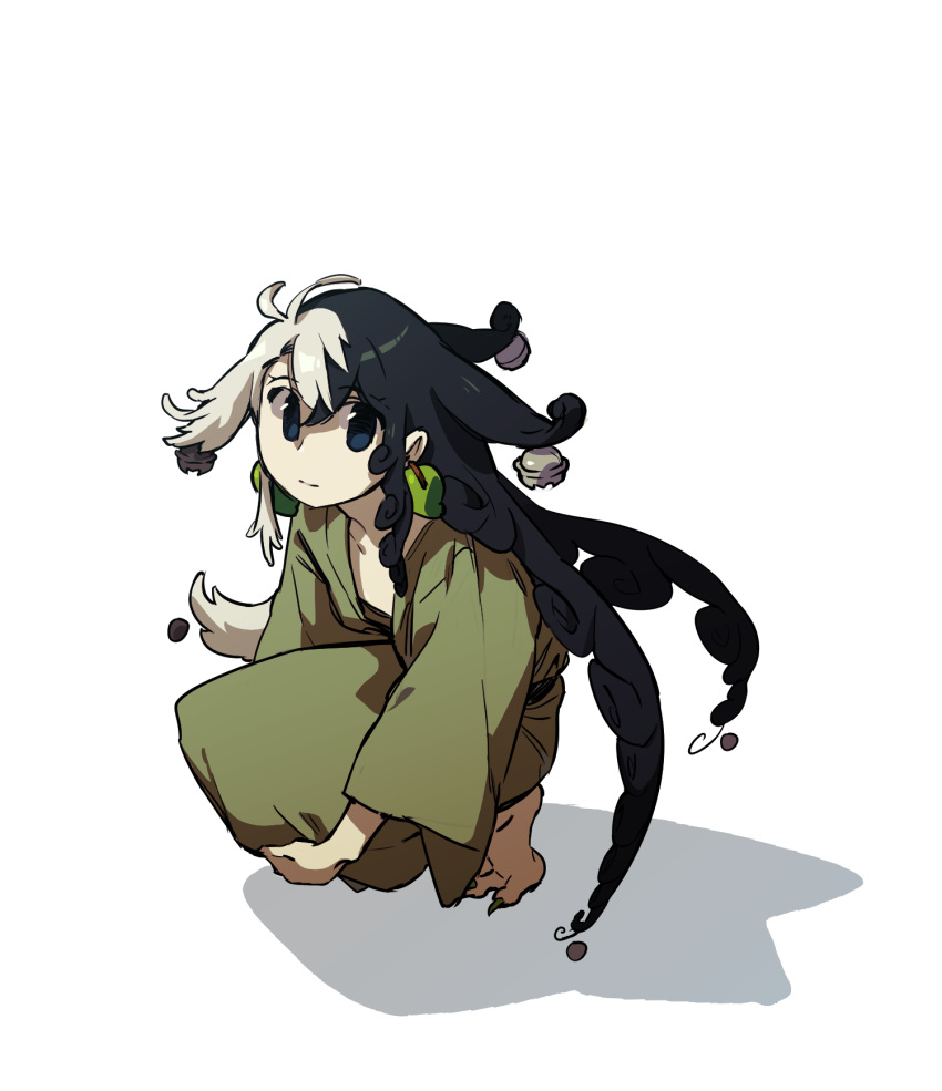 1boy aged_down ashiya_douman_(fate) asymmetrical_hair bell black_eyes black_hair curly_hair fate/grand_order fate_(series) green_kimono hair_bell hair_between_eyes hair_intakes hair_ornament highres japanese_clothes kimono long_hair looking_at_viewer male_focus multicolored_hair shadow solo squatting staring style_request syabbal-i two-tone_hair very_long_hair white_hair