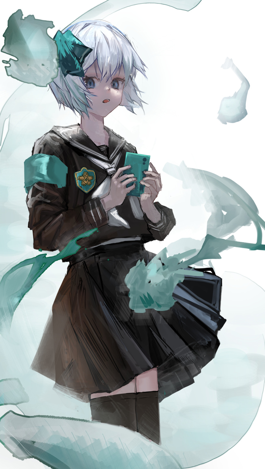 1girl absurdres black_sailor_collar black_serafuku black_skirt black_thighhighs blue_eyes cellphone hair_between_eyes henginnnnnn highres hitodama holding holding_phone konpaku_youmu konpaku_youmu_(ghost) long_sleeves neckerchief open_mouth phone sailor_collar school_uniform serafuku short_hair skirt smartphone solo thigh-highs touhou white_hair white_neckerchief