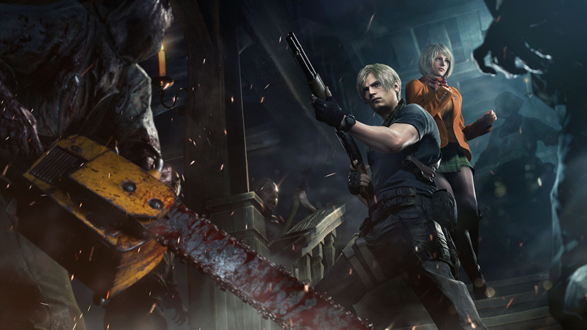 1boy 1girl ashley_graham belt black_pants black_shirt blonde_hair blood candle chainsaw fingerless_gloves gloves green_skirt gun hand_on_own_chest holding holding_weapon holster imminent_fight indoors jacket knife_holster leggings leon_s._kennedy mask muscular official_art orange_jacket orange_sleeves pants resident_evil resident_evil_4 resident_evil_4_(remake) scarf shirt short_hair shotgun skirt stairs standing surrounded v-shaped_eyebrows watch watch weapon zombie