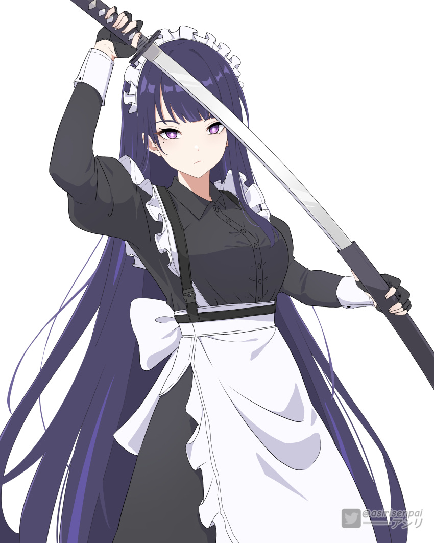 1girl absurdres alternate_costume alternate_hairstyle apron asiri_senpai black_gloves black_hair blunt_bangs collared_shirt commentary english_commentary enmaided fingerless_gloves genshin_impact gloves hair_down highres holding holding_sword holding_weapon katana long_hair long_sleeves looking_at_viewer maid maid_apron maid_headdress mole mole_under_eye raiden_shogun shirt shoulder_strap sidelocks simple_background solo sword victorian violet_eyes waist_apron weapon white_background