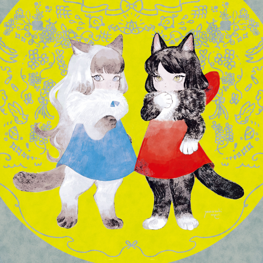 2girls absurdres animal_ear_fluff animal_ears animal_feet animal_hands black_fur black_hair blue_dress blue_eyes bow brown_fur brown_hair cat_ears cat_girl cat_tail closed_mouth digitigrade dress dress_bow female_child full_body grey_background grey_fur grey_hair hand_up highres long_hair looking_at_viewer monster_girl multicolored_background multiple_girls neck_fur original pole_mura red_bow red_dress short_dress short_hair standing tail yellow_background yellow_eyes