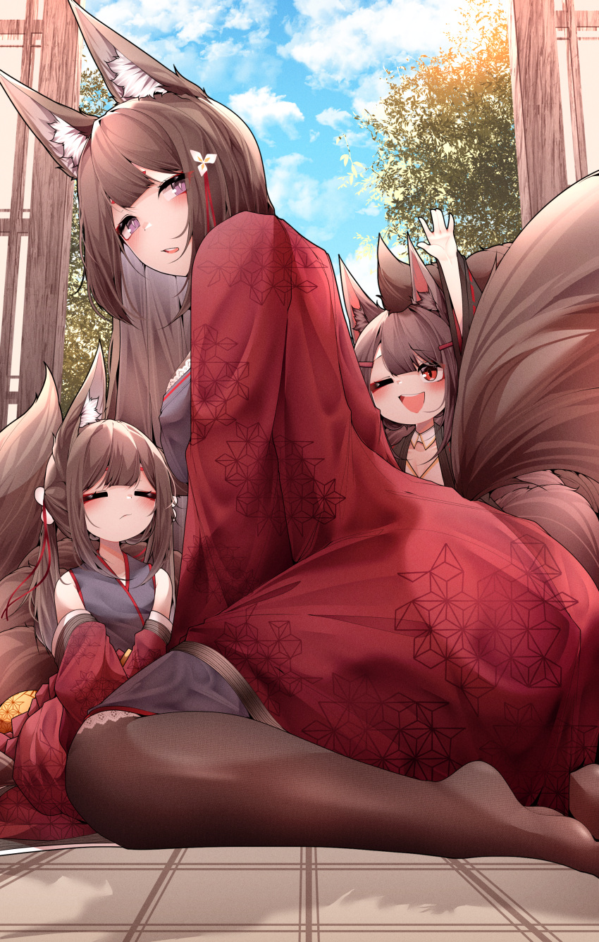 3girls =_= absurdres akagi-chan_(azur_lane) amagi-chan_(azur_lane) amagi_(azur_lane) animal_ear_fluff animal_ears arm_up azur_lane blue_sky brown_tail closed_eyes closed_mouth clouds cloudy_sky commentary dual_persona floor fox_ears hair_ornament highres japanese_clothes kimono kyuubi long_hair looking_at_viewer looking_to_the_side multiple_girls multiple_tails on_floor one_eye_closed open_mouth purple_shirt red_kimono samip shirt short_hair sideways_glance sitting sitting_between_lap sky tail thigh-highs tree very_long_hair violet_eyes