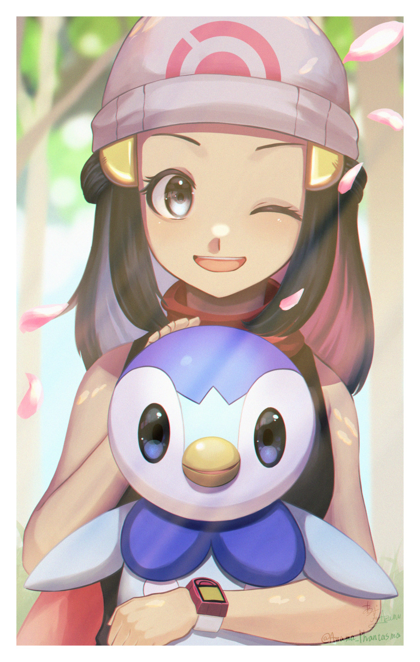 1girl ;d absurdres amazuya_azuma beanie blue_eyes blue_hair cherry_blossoms commentary hair_ornament hat highres hikari_(pokemon) long_hair looking_at_viewer one_eye_closed open_mouth piplup pokemon pokemon_(creature) poketch red_scarf scarf shirt sleeveless sleeveless_shirt smile watch watch