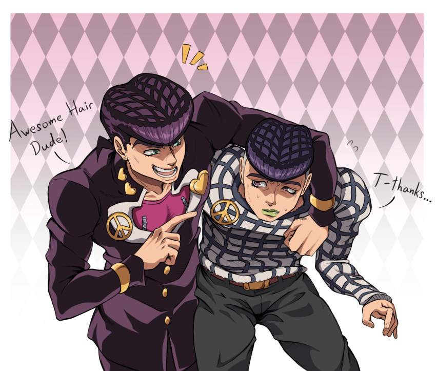 2boys argyle argyle_background arm_around_shoulder black_hair diamond_wa_kudakenai fishnet_shirt gakuran green_eyes green_lips heart-shaped_ornament higashikata_josuke highres jojo_no_kimyou_na_bouken jojolion kristallion kujo_josefumi male_focus multiple_boys peace_symbol pointing pompadour purple_hair school_uniform trait_connection undercut