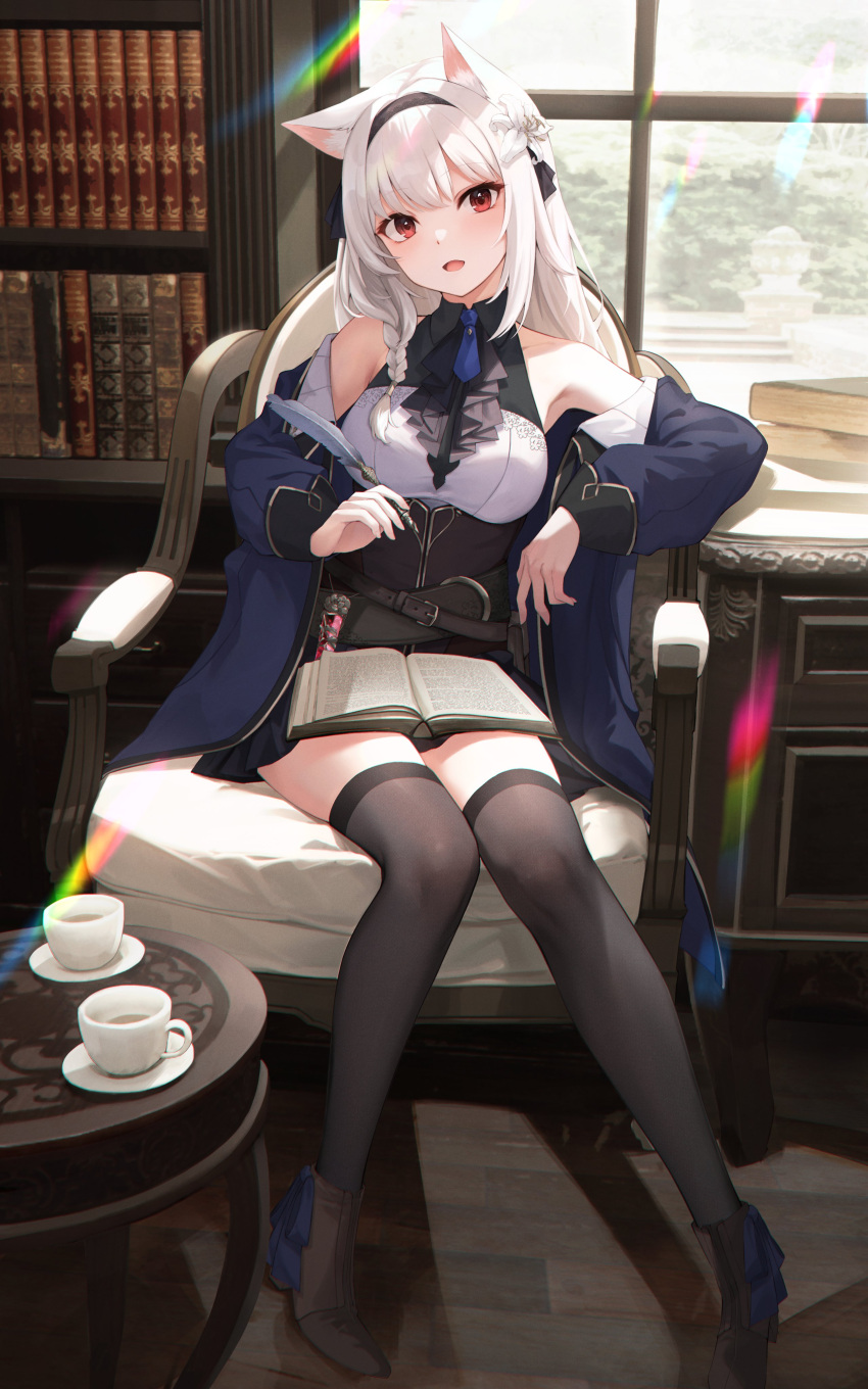 absurdres animal_ears bare_shoulders black_skirt black_thighhighs book book_on_lap bookshelf chair hairband highres holding holding_quill off_shoulder open_book original pleated_skirt quill rainbow red_eyes sagiri_(ulpha220) sitting skirt thigh-highs white_hair window