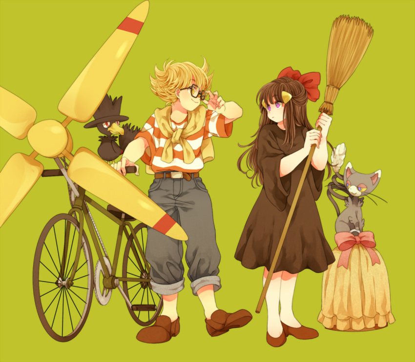 1boy 1girl barry_(pokemon) black_dress black_hair blonde_hair bow broom cosplay dress glameow glasses hair_bow hair_ornament hikari_(pokemon) kiki_(majo_no_takkyuubin) kiki_(majo_no_takkyuubin)_(cosplay) komasawa_(fmn-ppp) long_hair majo_no_takkyuubin murkrow no_socks pants pants_rolled_up pokemon pokemon_(game) pokemon_dppt red_bow shirt simple_background striped striped_shirt tombo_(majo_no_takkyuubin) tombo_(majo_no_takkyuubin)_(cosplay) violet_eyes yellow_eyes