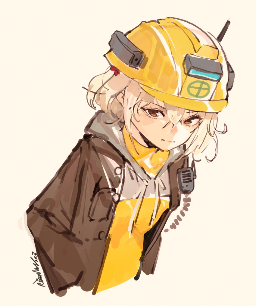 1girl artist_name blonde_hair bodysuit breasts brown_eyes brown_jacket closed_mouth goddess_of_victory:_nikke hands_in_pockets hardhat helmet highres jacket leaning_forward liter_(nikke) looking_at_viewer mar10 open_clothes open_jacket short_hair simple_background sketch small_breasts solo upper_body walkie-talkie white_hood yellow_bodysuit yellow_headwear