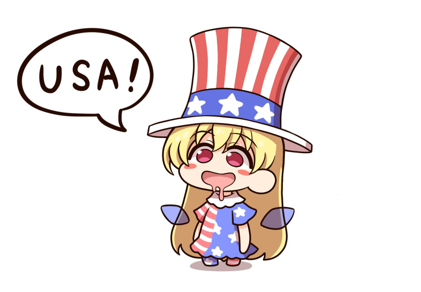 1girl american_flag american_flag_dress american_flag_legwear american_flag_print blonde_hair blush_stickers chibi clownpiece commentary drooling fairy_wings flag_print full_body hat highres long_hair open_mouth red_eyes shitacemayo smile solo star_(symbol) striped top_hat touhou wings