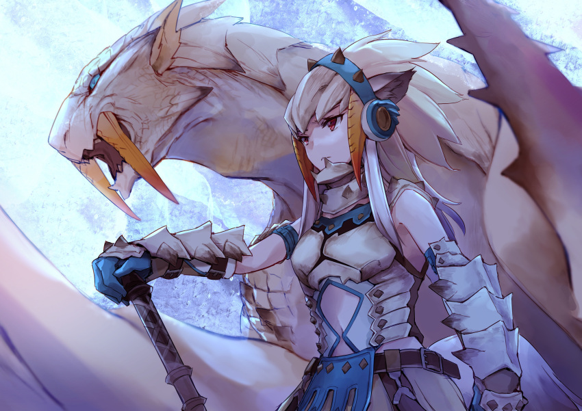 1girl absurdres animal_ears arknights armor bare_shoulders barioth barioth_(armor) breastplate brown_hair closed_mouth commentary_request crossover e-bushi fox_ears fox_girl frostleaf_(arknights) gauntlets grey_hair hand_on_hilt headphones helmet highres looking_away monster_hunter_(series) navel red_eyes upper_body weapon