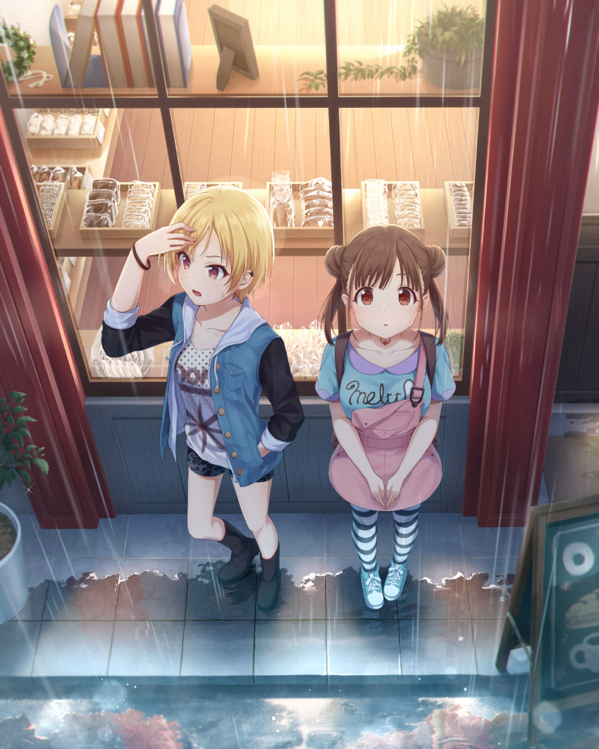 2girls ankle_boots ayami_(ayanoayanosuke) blonde_hair book boots brown_hair collarbone cookie double_bun food hair_bun hand_in_pocket hand_on_own_forehead highres idolmaster idolmaster_shiny_colors jacket jewelry long_hair long_sleeves looking_at_viewer looking_away looking_up multiple_girls necklace open_clothes open_jacket open_mouth picture_frame plant polka_dot polka_dot_shirt potted_plant rain red_eyes saijo_juri shelter shirt shoes shop short_hair short_sleeves shorts skirt sneakers socks sonoda_chiyoko standing striped striped_socks suspender_skirt suspenders sweatdrop water_drop window
