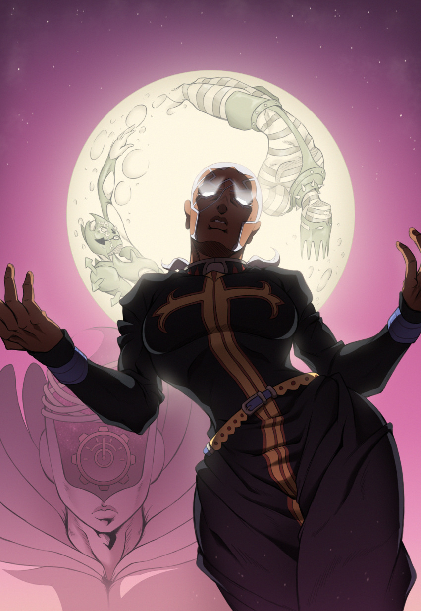 1boy 4boys c-moon_(stand) cassock contrapposto cowboy_shot dark-skinned_male dark_skin dress enrico_pucci full_moon glowing glowing_eyes highres inset jojo_no_kimyou_na_bouken kristallion made_in_heaven_(stand) male_focus moon multiple_boys night night_sky pectorals pink_skirt ponytail priest short_hair skirt sky standing stone_ocean tight tight_dress white_hair whitesnake_(stand)