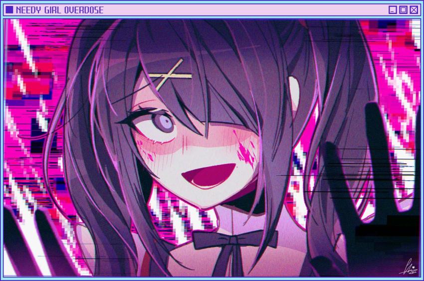1girl ame-chan_(needy_girl_overdose) black_ribbon blood blood_on_face blush copyright_name glitch hair_ornament hair_over_one_eye hairclip looking_at_viewer neck_ribbon needy_girl_overdose nn_eul_01 open_mouth pink_blood purple_hair ribbon shaded_face smile solo twintails upper_body violet_eyes window_(computing) x_hair_ornament