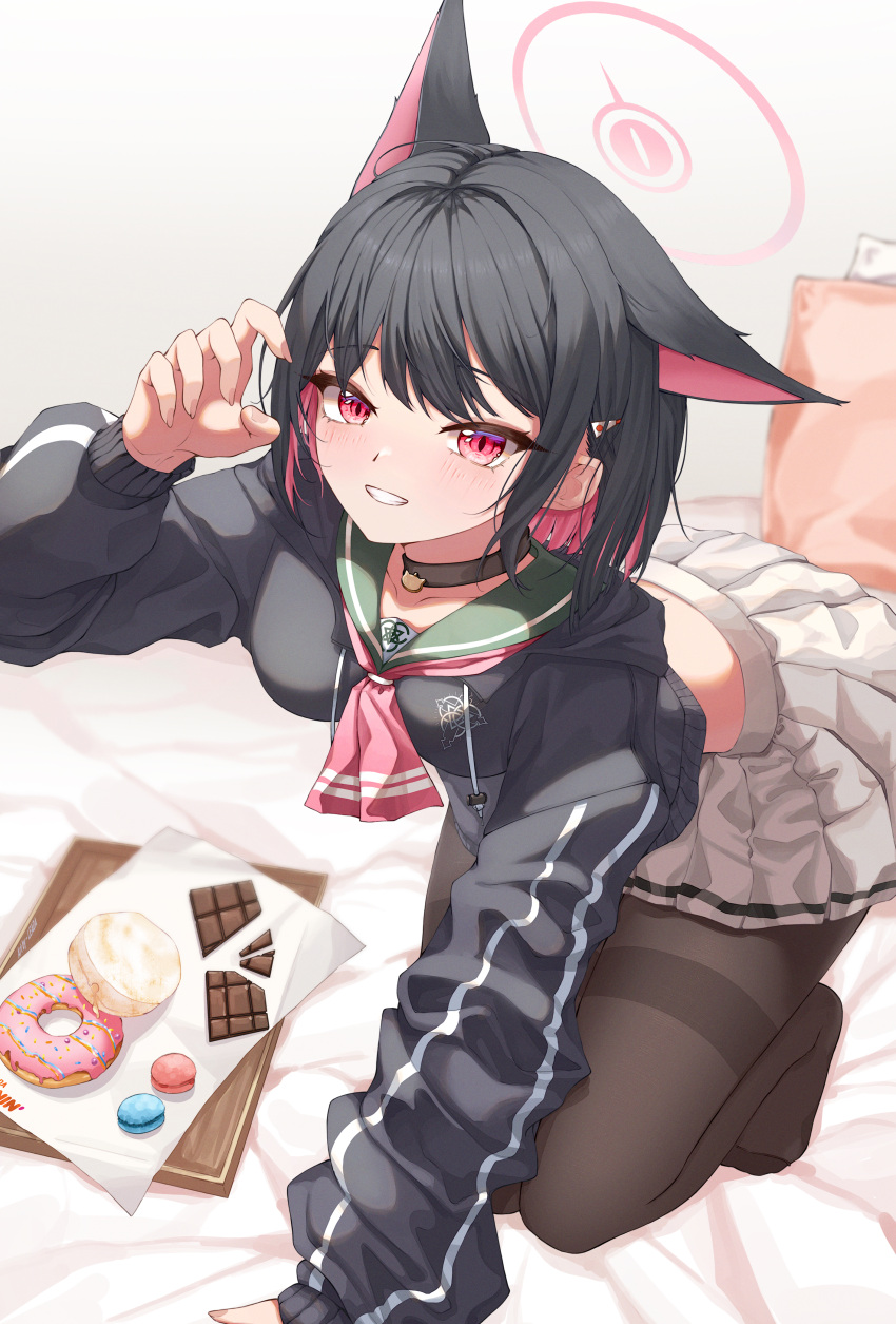 1girl absurdres animal_ears black_hair blue_archive brown_pantyhose candy cat_ears chocolate chocolate_bar choker doughnut extra_ears food hair_ornament halo happy highres hood hoodie kazusa_(blue_archive) leada long_sleeves looking_at_viewer macaron no_shoes pantyhose pleated_skirt school_uniform shoes short_hair skirt smile solo thighband_pantyhose