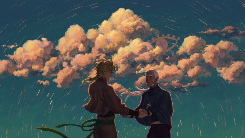 2boys alternate_costume blonde_hair cassock clouds cross cross_necklace dark-skinned_male dark_skin dio_brando disembodied_eye enrico_pucci gilding-the-time highres holding_hands jacket jewelry jojo_no_kimyou_na_bouken male_focus multiple_boys necklace priest sky star_(sky) starry_sky stone_ocean white_hair yellow_jacket