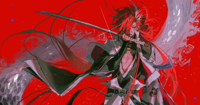 1boy abs belt black_kimono chest_cutout cowboy_shot distortion ear_piercing eyebrow_cut fate/grand_order fate_(series) glint hair_over_one_eye hakama hakama_pants hand_up highres holding holding_sword holding_weapon jacket jacket_on_shoulders jaggy_lines japanese_clothes katana kimono light_frown long_hair looking_at_viewer male_focus multicolored_hair nagatekkou open_clothes open_kimono pants parted_lips piercing red_background redhead single_hair_ring solo streaked_hair sword takasugi_shinsaku_(fate) tassel uda_(xax_057) weapon white_hair white_jacket wide_sleeves