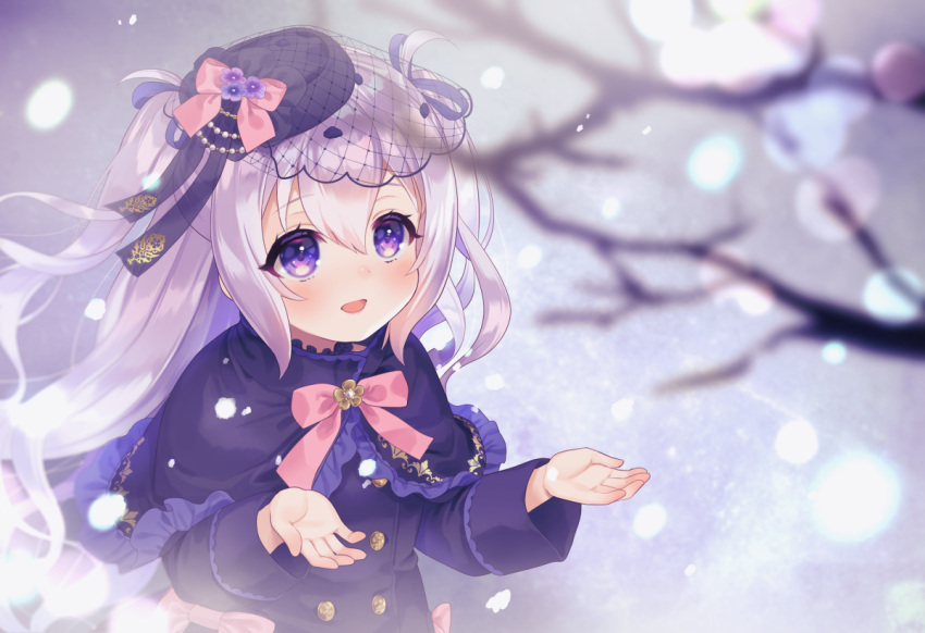 1girl :d blurry blurry_foreground blush branch capelet commission flower_knight_girl frilled_capelet frills from_above grey_hair hair_between_eyes hat long_hair long_sleeves looking_up pico_(p_i_c_o) pulmonaria_(flower_knight_girl) skeb_commission smile snow solo violet_eyes