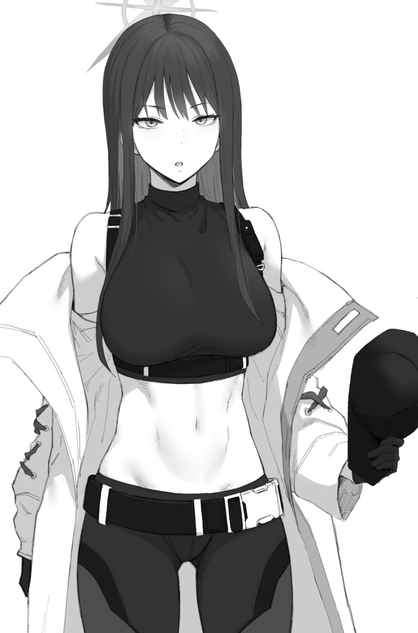 1girl absurdres bare_shoulders baseball_cap belt black_belt black_gloves black_hair black_pants black_shirt blue_archive breasts chest_harness coat crop_top gloves gomu_(chewinggom) greyscale halo harness hat highres long_hair looking_at_viewer medium_breasts midriff monochrome navel open_mouth pants saori_(blue_archive) shirt simple_background sleeveless sleeveless_shirt snap-fit_buckle solo stomach white_background white_coat